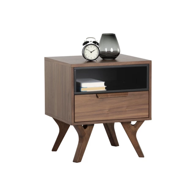 Brown wood drawer nightstand with clock and cabinetry details