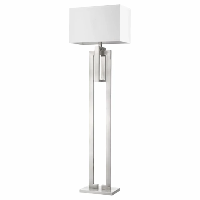 shaped floor lamp with white rectangular shade and metal light fixture