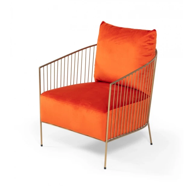Orange velvet gold solid arm chair with hardwood armrests and comfortable rectangle design suitable for outdoor use