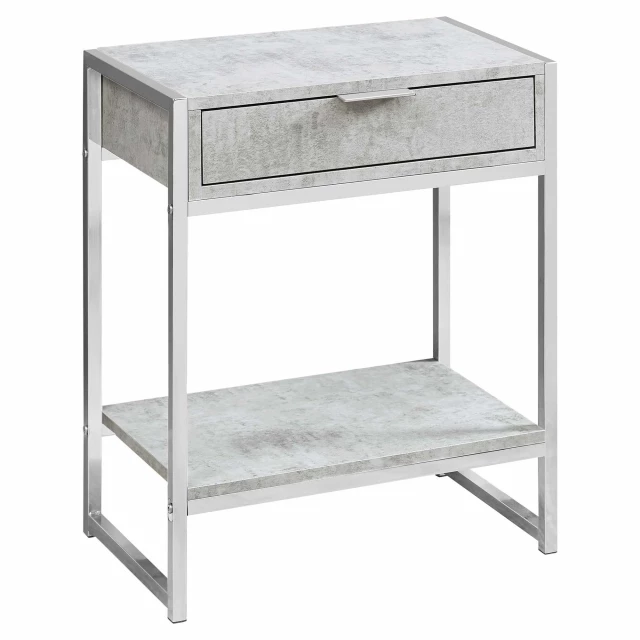 Silver gray end table with drawer and shelf in hardwood and plywood materials