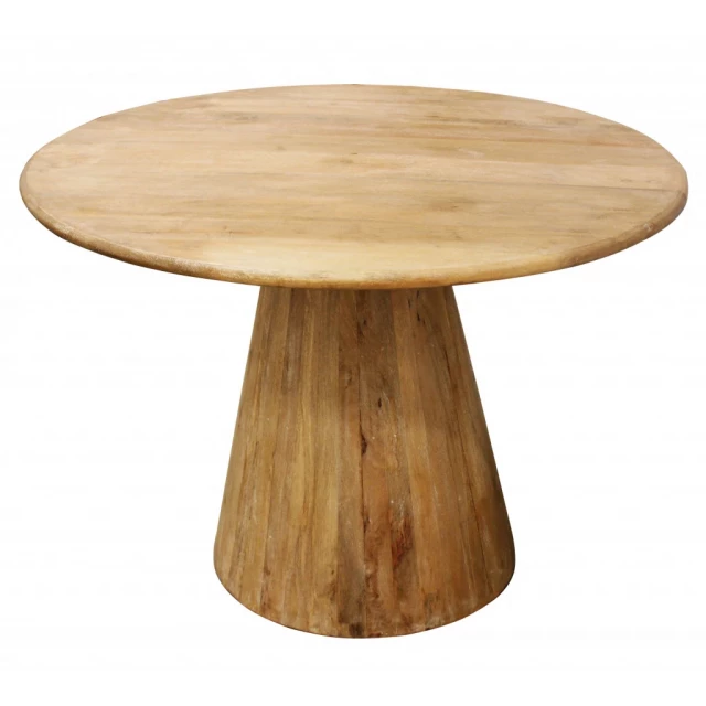 Rounded solid wood pedestal dining table with chairs and varnished hardwood finish