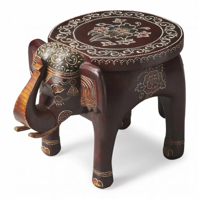 Hand painted floral elephant end table with art motif and metal accents
