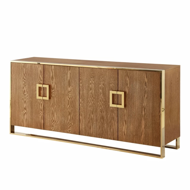 Brown sideboard with four doors featuring cabinetry design in wood with chest of drawers and wood stain finish