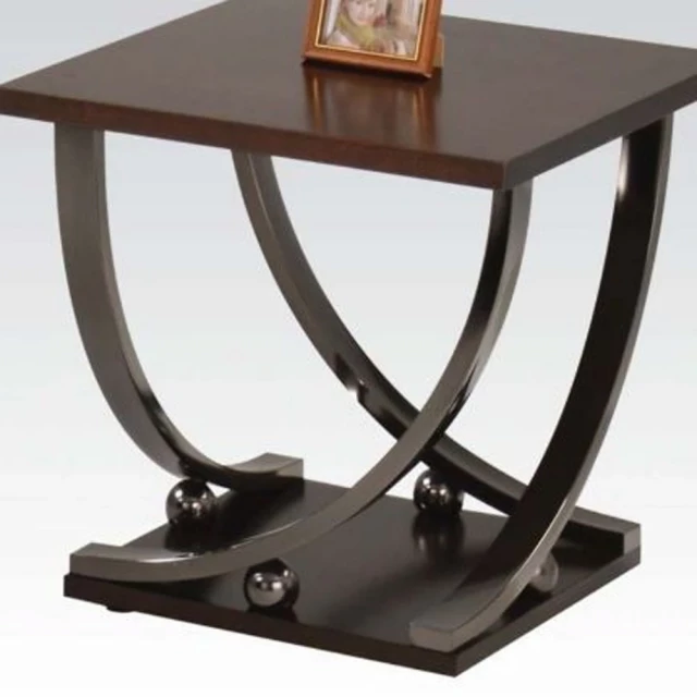 Black brown end table with metal titanium legs and hardwood composite material in rectangle shape