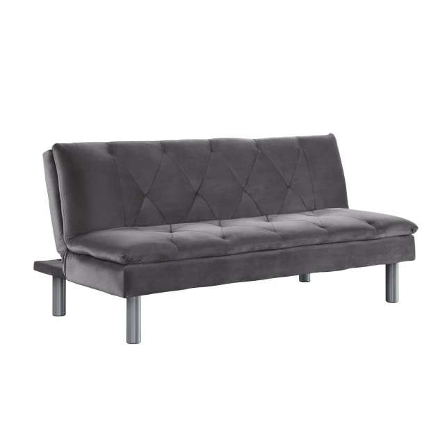 Gray velvet silver sleeper sofa with wood accents and comfortable studio couch design