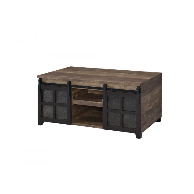 Rectangular manufactured wood coffee table with shelf and metal accents