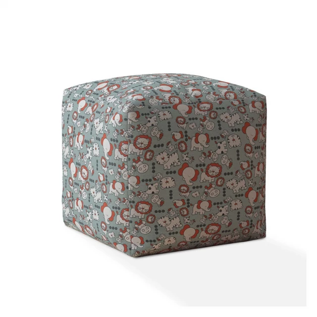 White cotton animal print pouf ottoman with patterned design