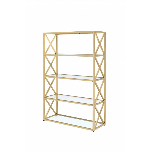 metal glass four tier etagere bookcase with rectangular shelves and symmetrical design