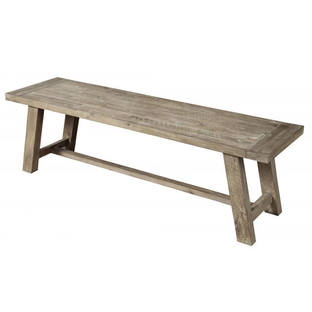 Brown distressed solid wood dining bench with hardwood plank design suitable for outdoor furniture