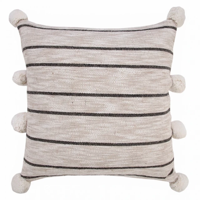 White and black striped jute pillow with zipper on chair for home decor