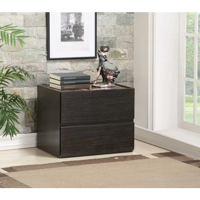Dark espresso MDF nightstand with plant and art decor near window in home setting