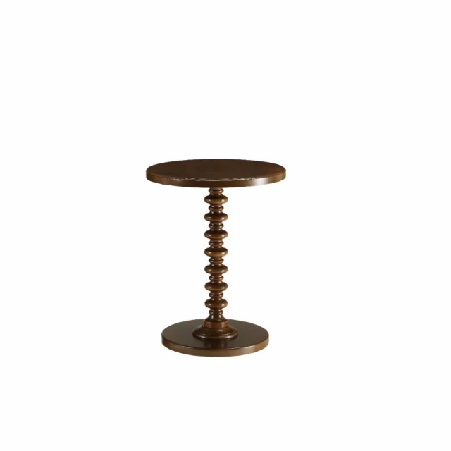 Solid wood round pedestal end table with balanced circular design and metal accents
