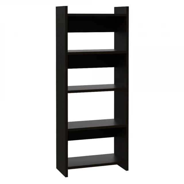 black computer desk with shelves and bookcase