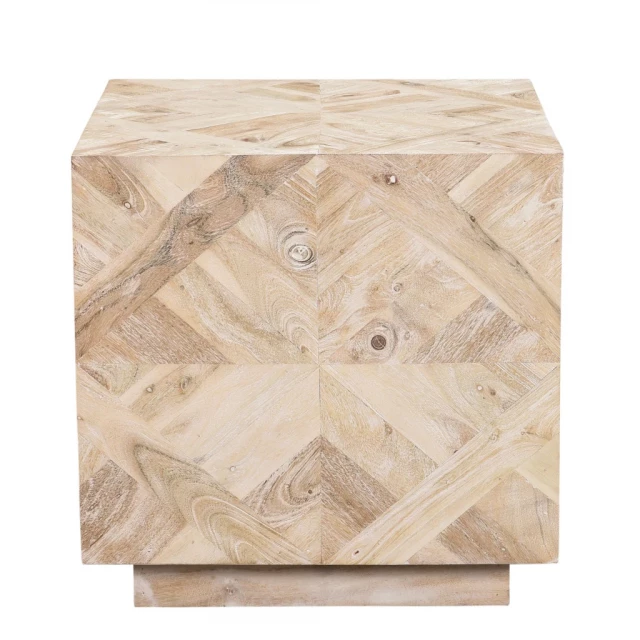 Tan solid wood square end table with hardwood pattern