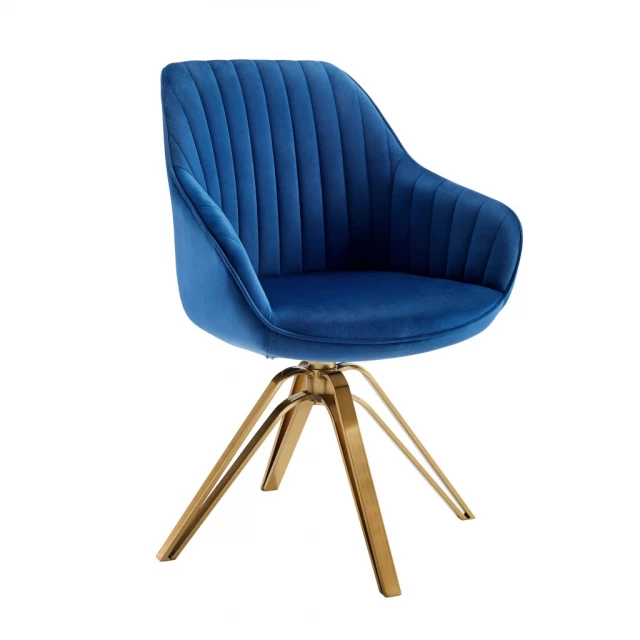 Blue velvet gold swivel arm chair with armrests and wood accents in electric blue color
