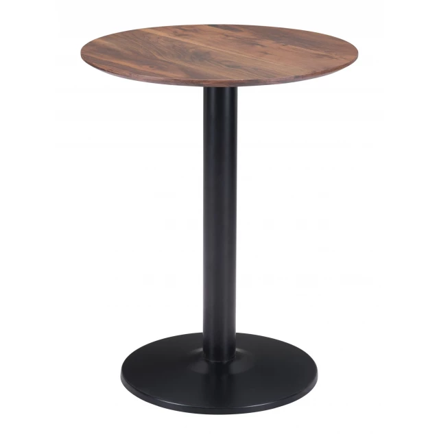 Black brown round end table with wood and composite materials in shades of tints