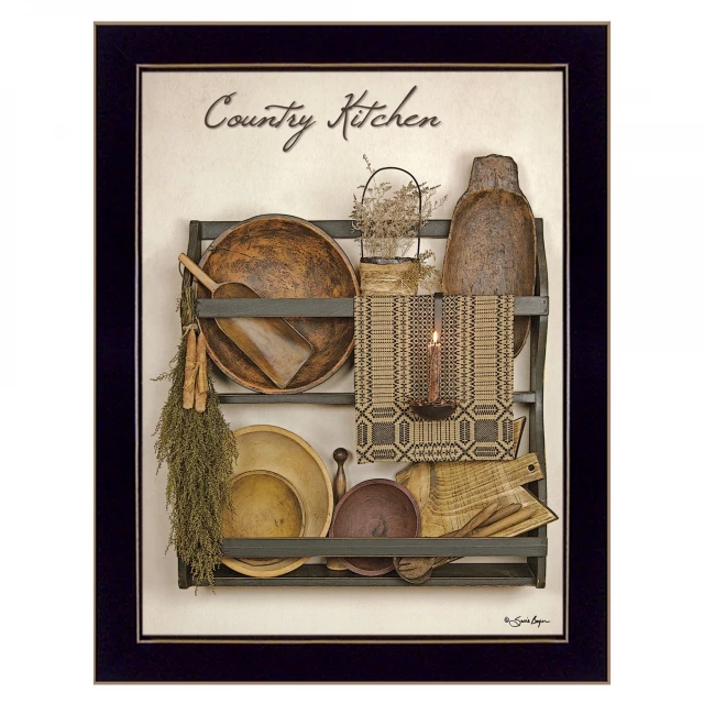 kitchen black framed print wall art with wood twig design and recipe elements