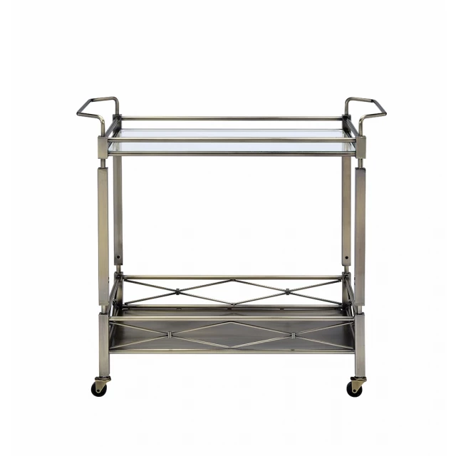 Antique brass metal serving cart with parallel metal bars and aluminium accents