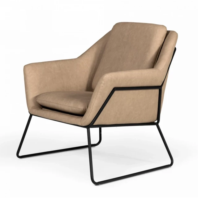 Taupe faux leather chair with black accents and wood armrests for a stylish comfortable seating option