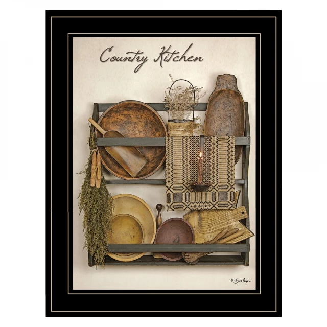 kitchen black framed print wall art with twig and metal elements on wood