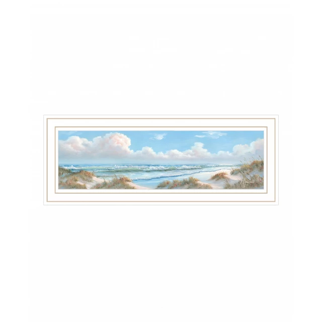 White framed print of a natural coastal landscape with clouds and sky art