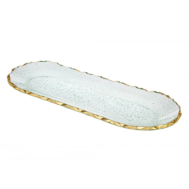 clear gold oval crystal serving tray with metal accents