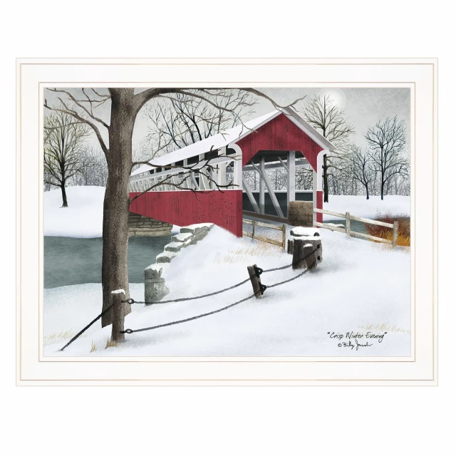 Evening White Framed Print Wall Art featuring Snowy Landscape with Trees and Building