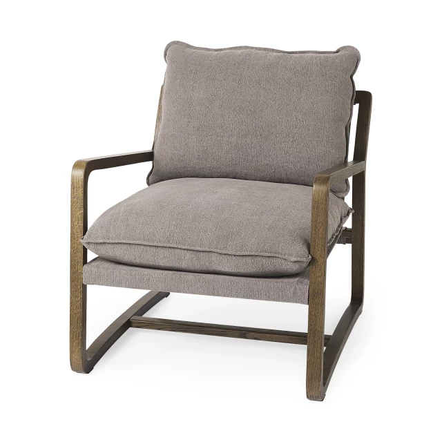 Rustic cozy brown gray accent chair with armrests and natural wood material