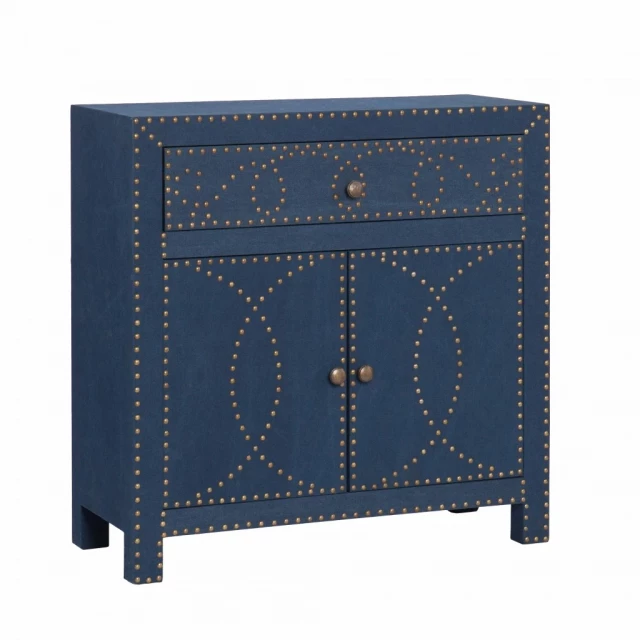 Navy brass nailhead accent storage cabinet with electric blue detailing