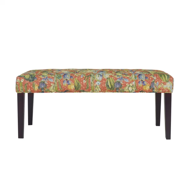 Brown green succulent floral upholstered bench furniture with wood legs