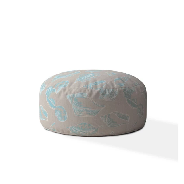 Canvas round animal print pouf ottoman with electric blue accents and circular design elements