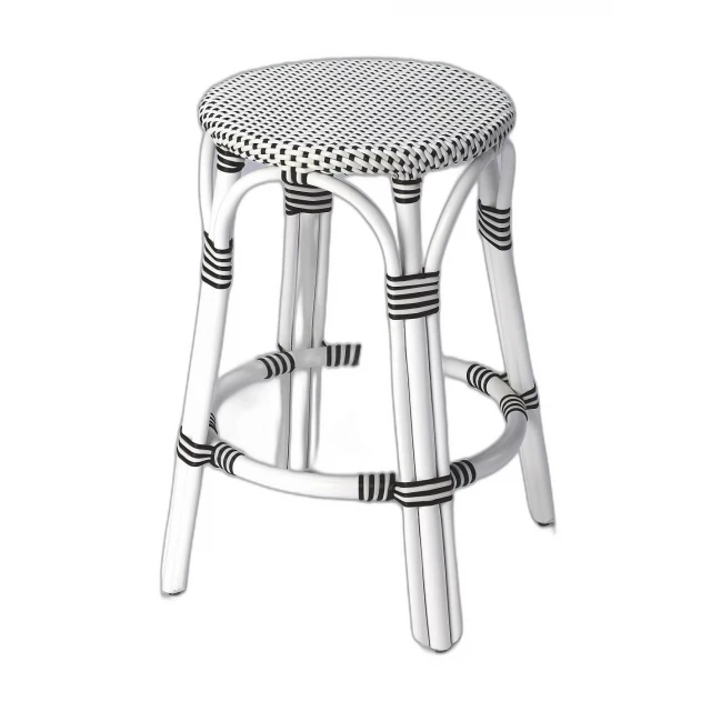 White rattan backless bar chair with metal frame and pattern details