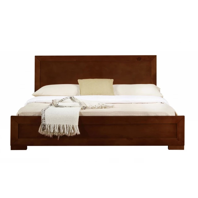 Walnut wood queen platform bed in modern bedroom setting