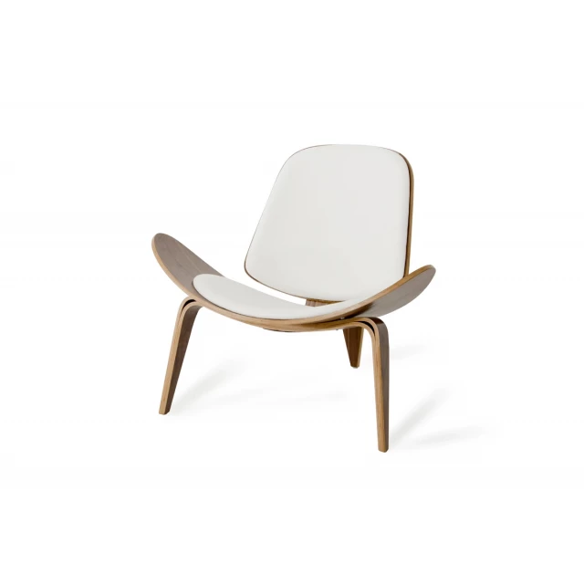 Walnut wood white leather accent chair with armrests and comfortable natural material design