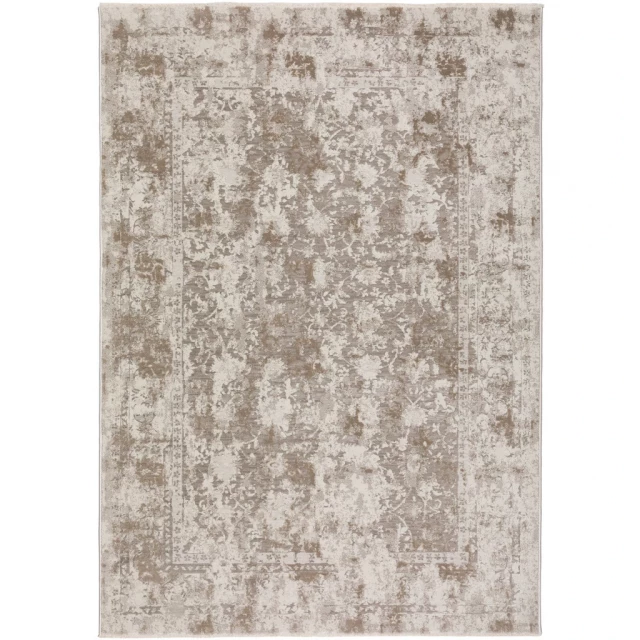 brown oriental area rug with fringe on wood flooring with beige and grey pattern