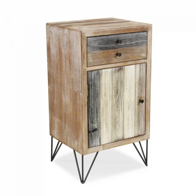 Urban rustic end table with cabinetry and shelf design
