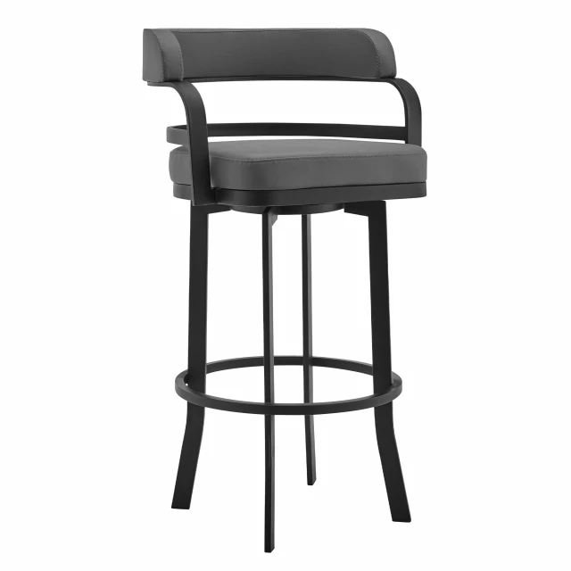 Low back counter height bar chair with metal armrests and kitchen appliance accessory