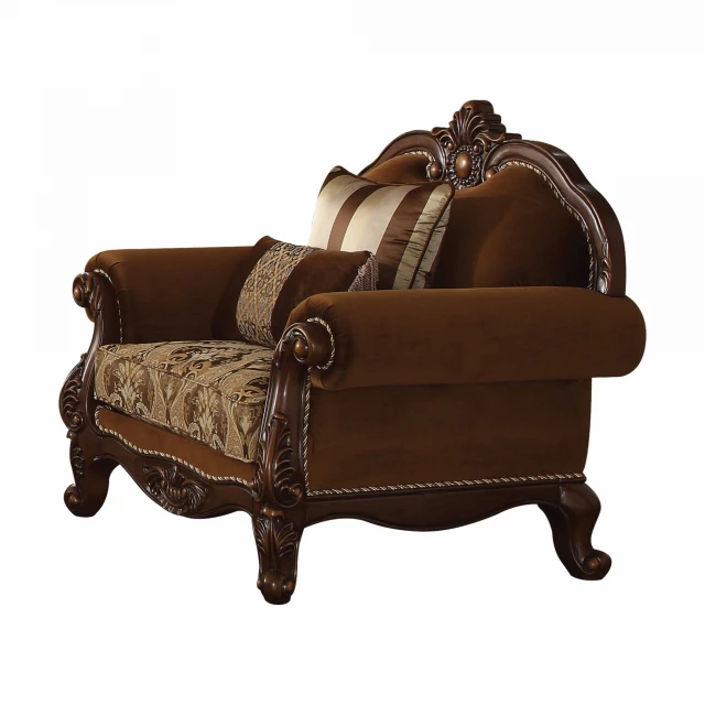 Brown velvet damask club chair with wood accents and comfortable rectangle cushion