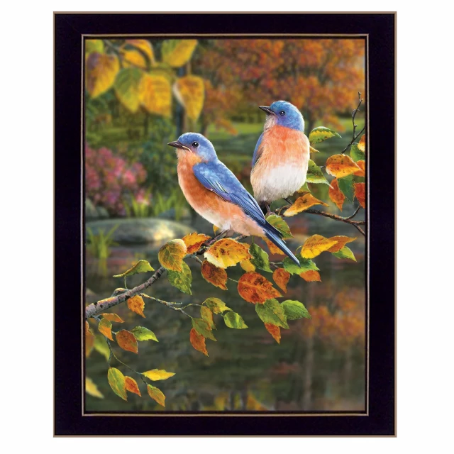 Bluebirds black framed print wall art with detailed bird beak and feathers in paint