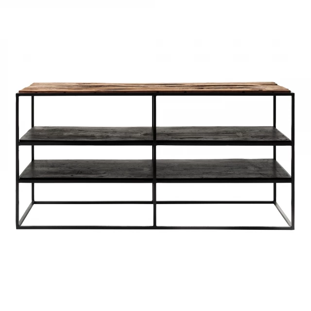 Wood black metal open TV stand with storage shelves and modern design