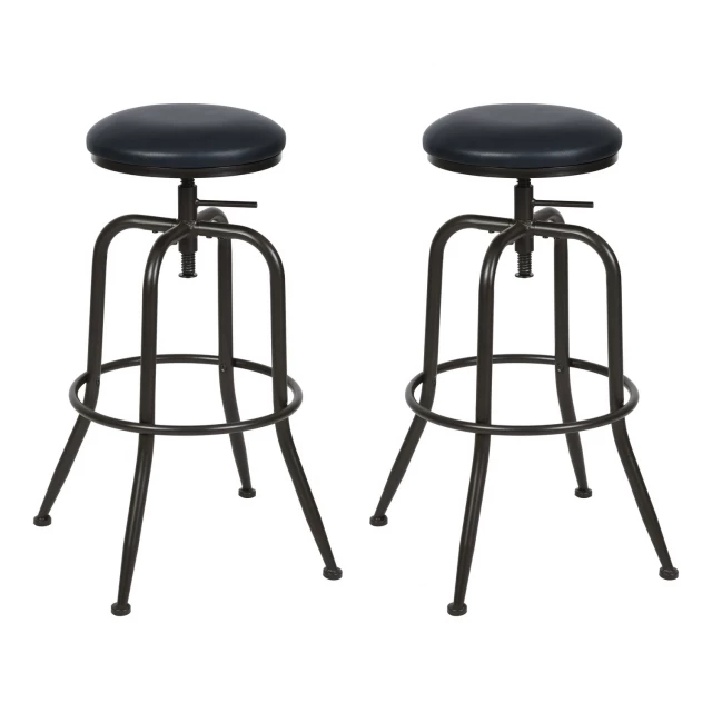 Black steel swivel backless bar chairs with metal armrests and table