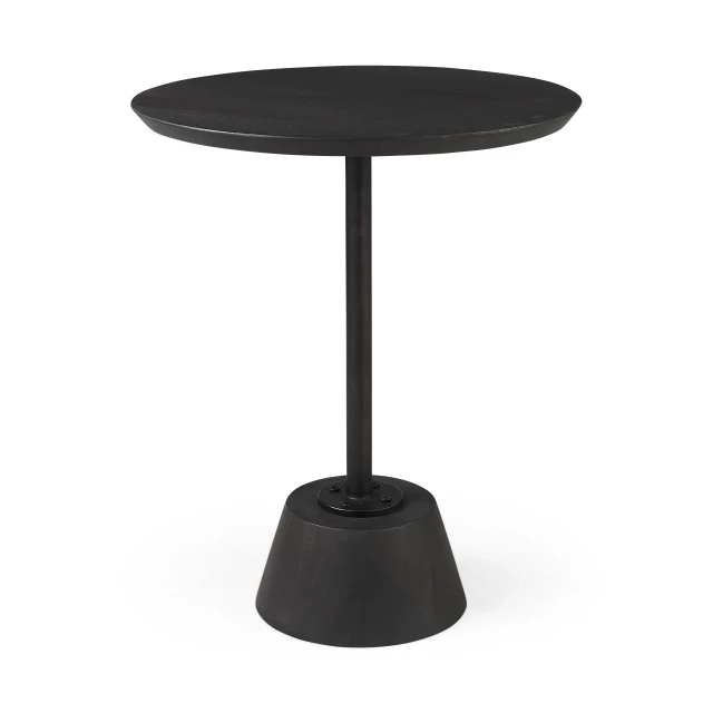 Dark stain pedestal table with black detailing and balanced shadow play