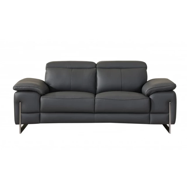Gray silver genuine leather love seat with comfortable studio couch design