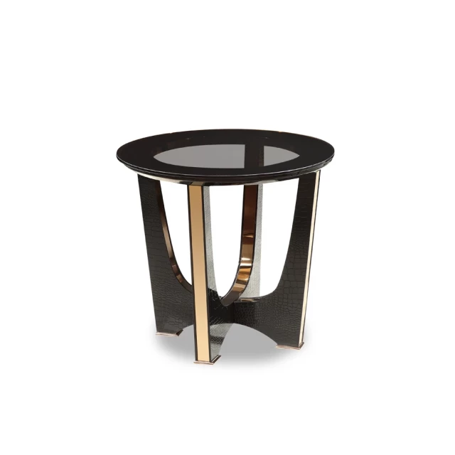Black crocodile rosegold end table with wood and metal elements in a rectangular shape