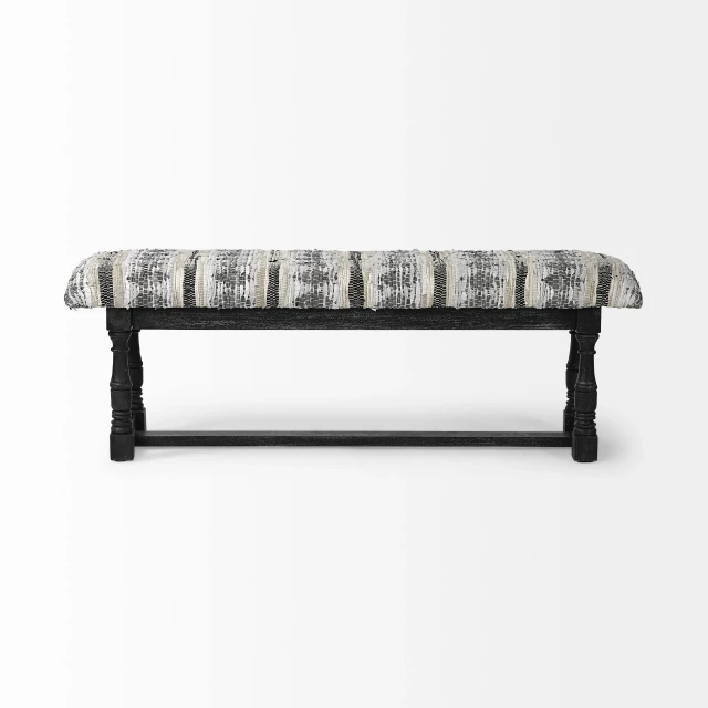 White black upholstered faux leather bench with wood and metal details