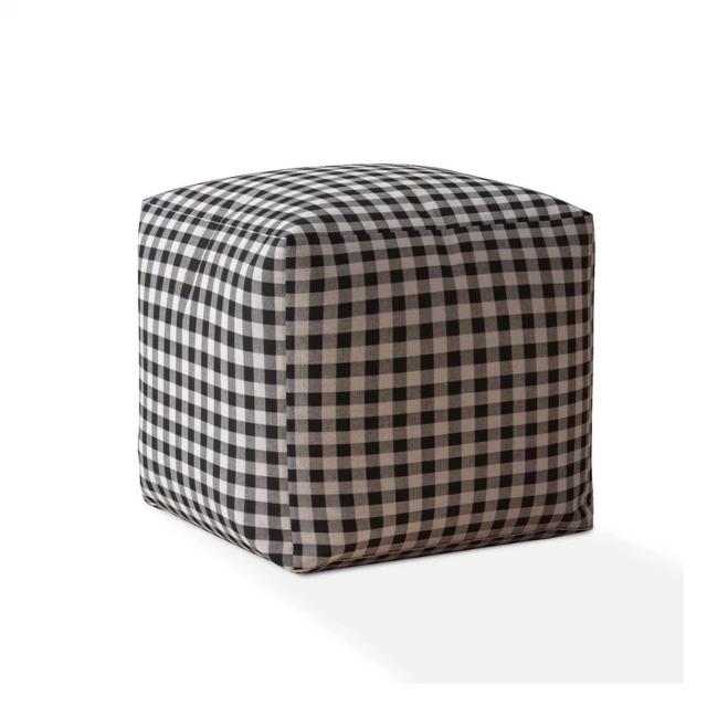Gray and black cotton gingham pouf ottoman with patterned design