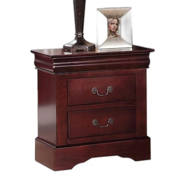 Brown wooden nightstand with drawers and natural wood stain finish