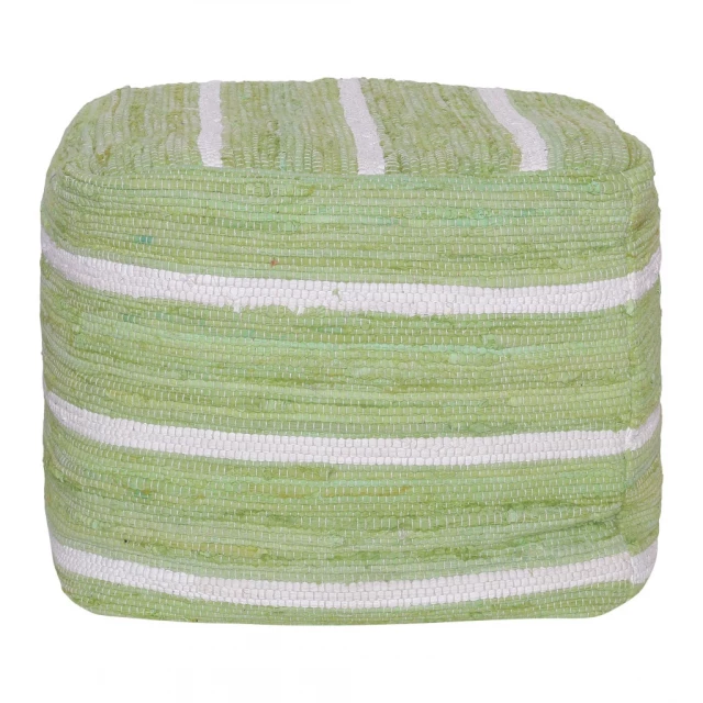 Green cotton cube striped pouf ottoman with beige pattern and blue accents in natural woolen material