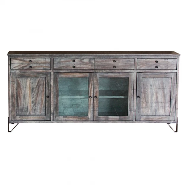 Distressed wood TV stand with enclosed storage and brick facade design
