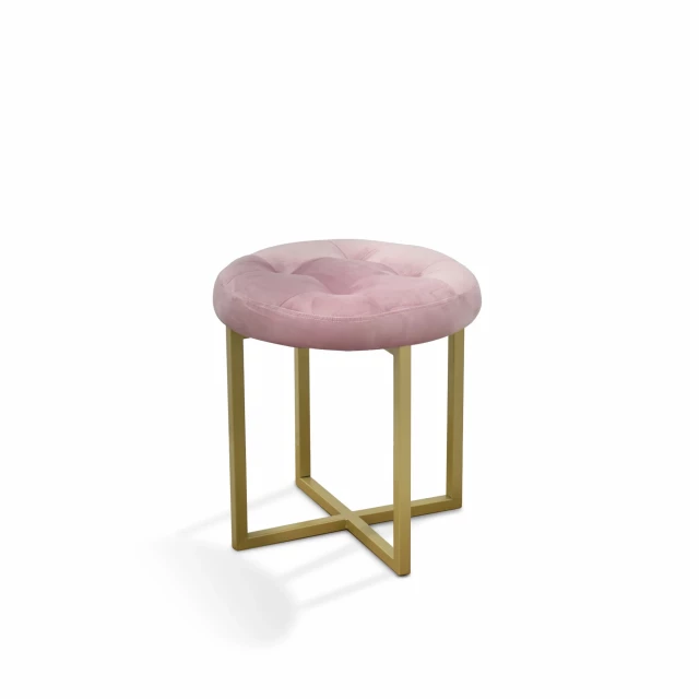 Pink tufted velvet stool with gold legs and wood accents for elegant home decor